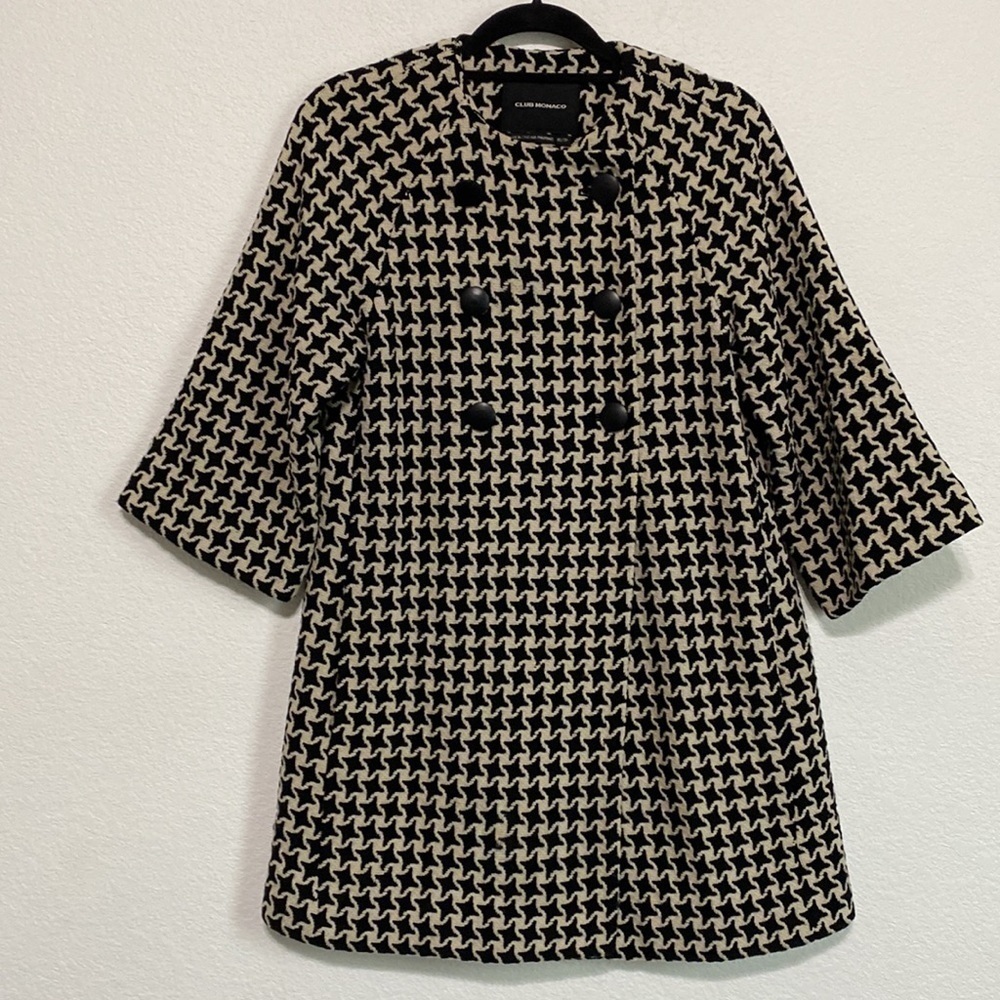 Club Monaco Black Cream Houndstooth Wool Blend Pea Coat Size XS